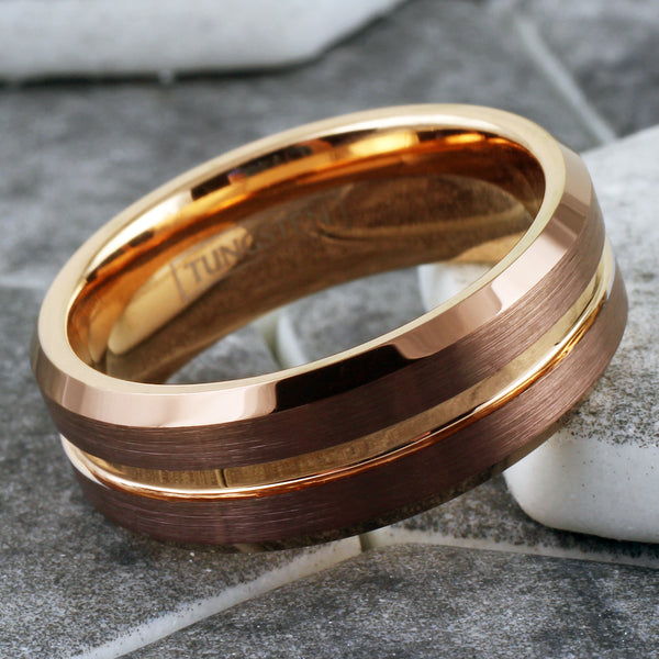 Gorgeous Unique Bronze Tungsten Ring with Rose Gold Stripe, Matching Rose Gold Inner Band, and Beveled Edges.