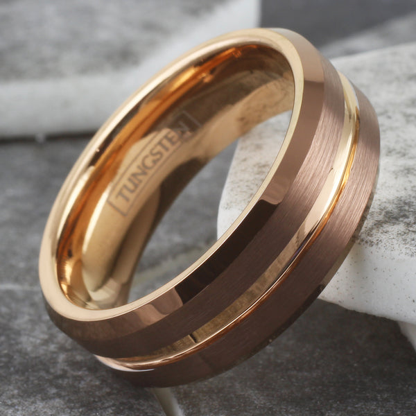 Gorgeous Unique Bronze Tungsten Ring with Rose Gold Stripe, Matching Rose Gold Inner Band, and Beveled Edges.