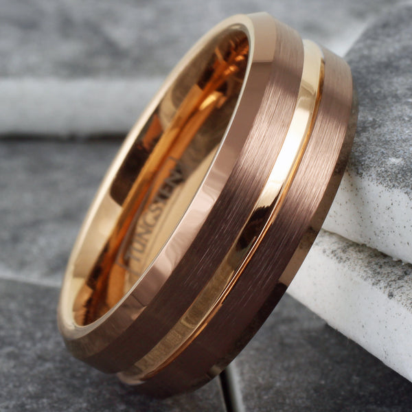 Gorgeous Unique Bronze Tungsten Ring with Rose Gold Stripe, Matching Rose Gold Inner Band, and Beveled Edges.