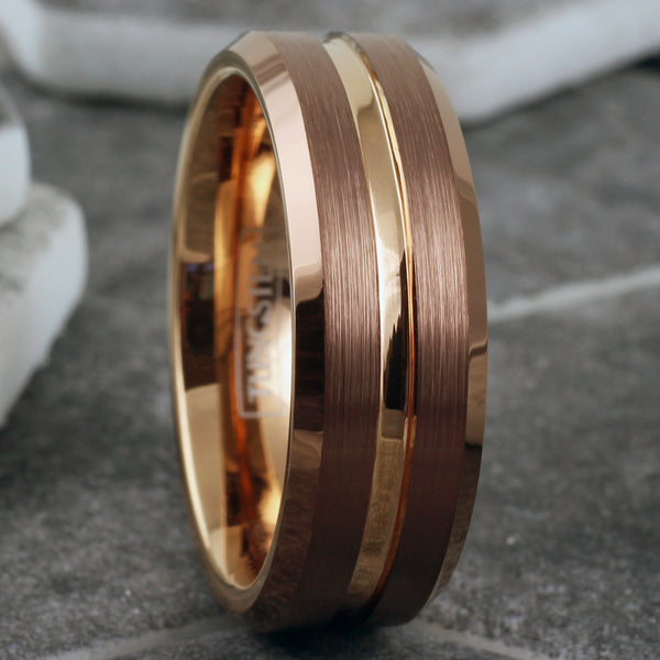 Gorgeous Unique Bronze Tungsten Ring with Rose Gold Stripe, Matching Rose Gold Inner Band, and Beveled Edges.