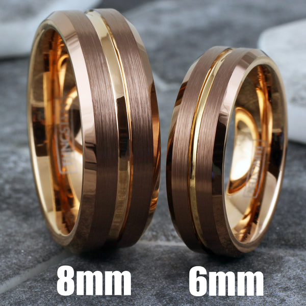 Gorgeous Unique Bronze Tungsten Ring with Rose Gold Stripe, Matching Rose Gold Inner Band, and Beveled Edges.