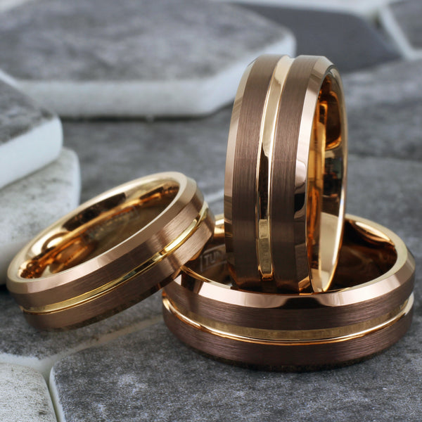 Gorgeous Unique Bronze Tungsten Ring with Rose Gold Stripe, Matching Rose Gold Inner Band, and Beveled Edges.