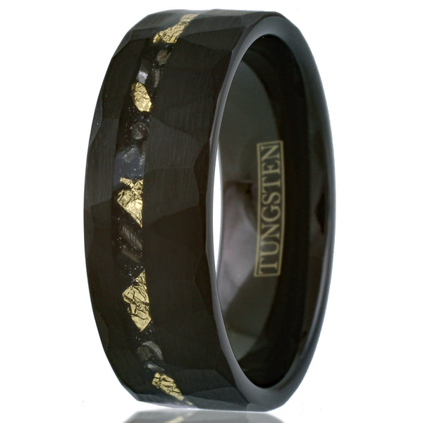 Awesome Multi-Faceted Brushed Black Tungsten Flat Band Ring with Off-Center Asymmetrical Gold Leaf and Black Faux Meteorite Inlay. Couple Ring