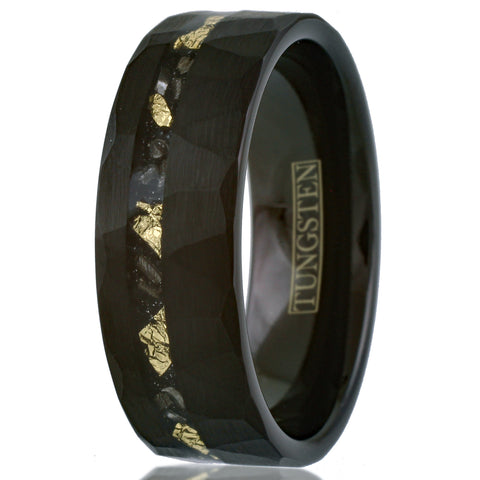 Awesome Multi-Faceted Brushed Black Tungsten Flat Band Ring with Off-Center Asymmetrical Gold Leaf and Black Faux Meteorite Inlay. Couple Ring