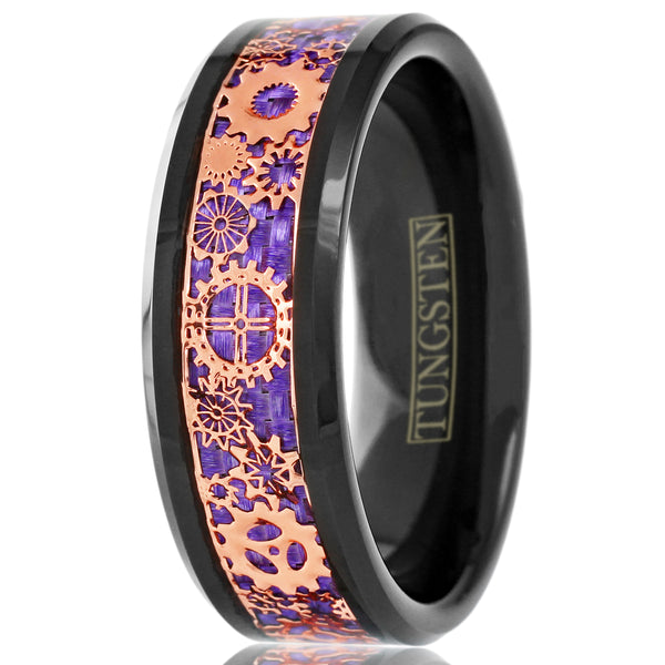 Gorgeous Black Flat Band Tungsten Ring w/ Beveled Edges and Rose Gold Steampunk Clockwork Gears on Spectacular Purple Faux Carbon Fiber Inlay.