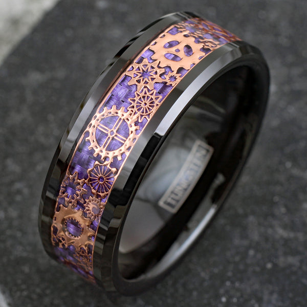 Gorgeous Black Flat Band Tungsten Ring w/ Beveled Edges and Rose Gold Steampunk Clockwork Gears on Spectacular Purple Faux Carbon Fiber Inlay.