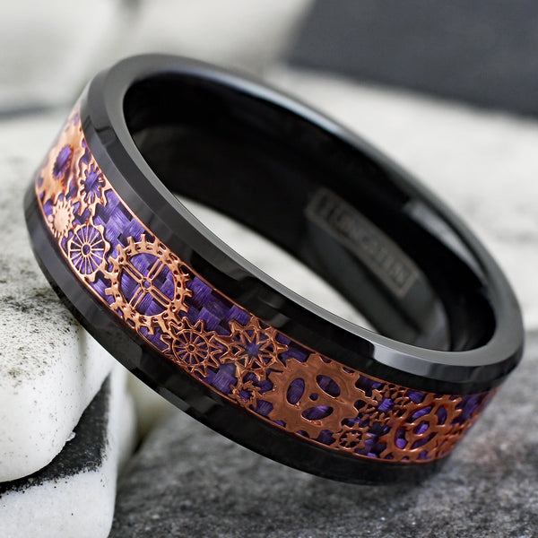 Gorgeous Black Flat Band Tungsten Ring w/ Beveled Edges and Rose Gold Steampunk Clockwork Gears on Spectacular Purple Faux Carbon Fiber Inlay.