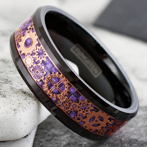 Gorgeous Black Flat Band Tungsten Ring w/ Beveled Edges and Rose Gold Steampunk Clockwork Gears on Spectacular Purple Faux Carbon Fiber Inlay.
