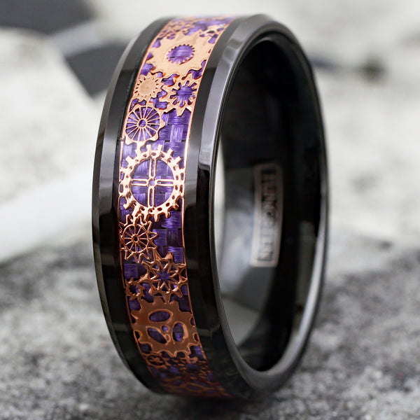Gorgeous Black Flat Band Tungsten Ring w/ Beveled Edges and Rose Gold Steampunk Clockwork Gears on Spectacular Purple Faux Carbon Fiber Inlay.