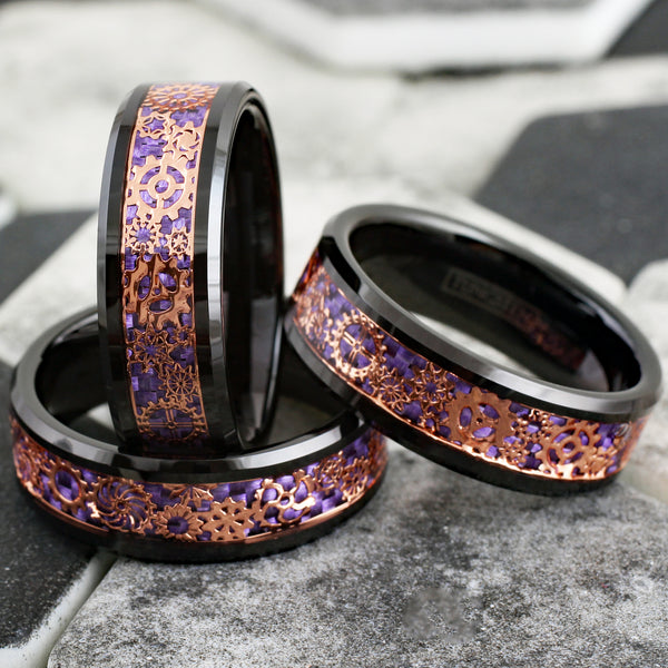 Gorgeous Black Flat Band Tungsten Ring w/ Beveled Edges and Rose Gold Steampunk Clockwork Gears on Spectacular Purple Faux Carbon Fiber Inlay.