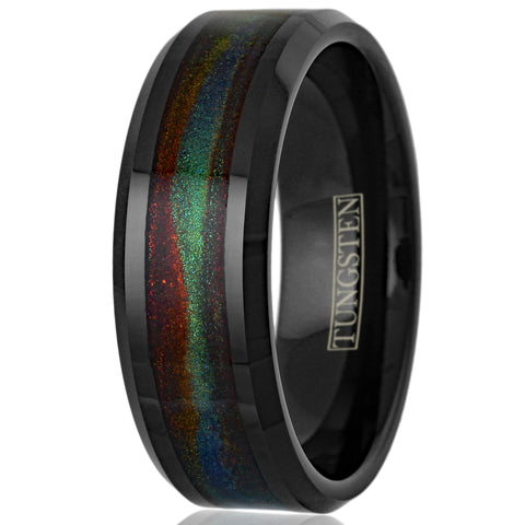 Mysterious Polished Black Tungsten Flat Band Ring with Dark Green And Red Flowing Sand Inlay.
