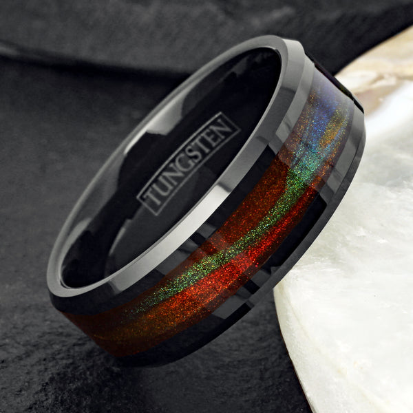 Mysterious Polished Black Tungsten Flat Band Ring with Dark Green And Red Flowing Sand Inlay.