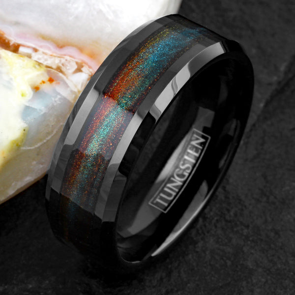 Mysterious Polished Black Tungsten Flat Band Ring with Dark Green And Red Flowing Sand Inlay.