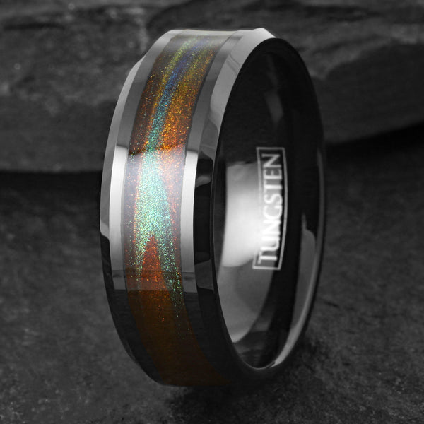 Mysterious Polished Black Tungsten Flat Band Ring with Dark Green And Red Flowing Sand Inlay.