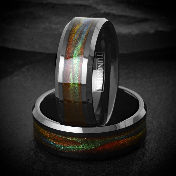 Mysterious Polished Black Tungsten Flat Band Ring with Dark Green And Red Flowing Sand Inlay.