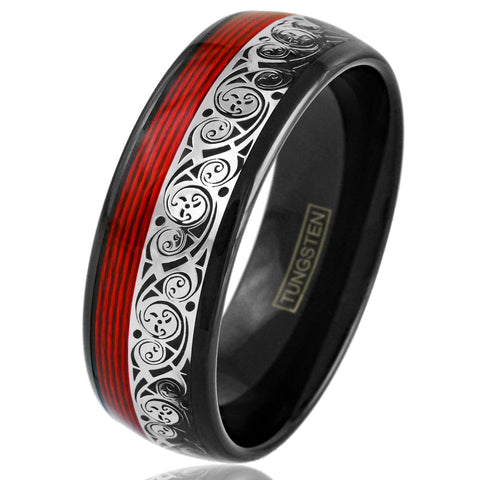 Spectacular Black Tungsten Low Dome Band Ring w/ Silver Wave Pattern Cutout and Red Wire Inlay.