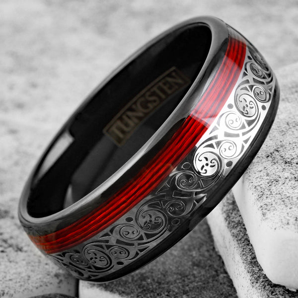 Spectacular Black Tungsten Low Dome Band Ring w/ Silver Wave Pattern Cutout and Red Wire Inlay.