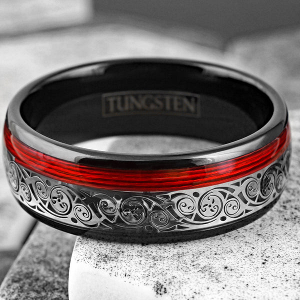 Spectacular Black Tungsten Low Dome Band Ring w/ Silver Wave Pattern Cutout and Red Wire Inlay.