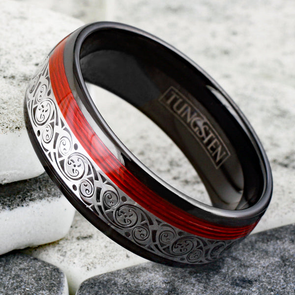 Spectacular Black Tungsten Low Dome Band Ring w/ Silver Wave Pattern Cutout and Red Wire Inlay.