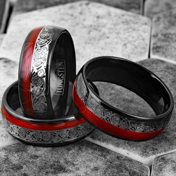 Spectacular Black Tungsten Low Dome Band Ring w/ Silver Wave Pattern Cutout and Red Wire Inlay.
