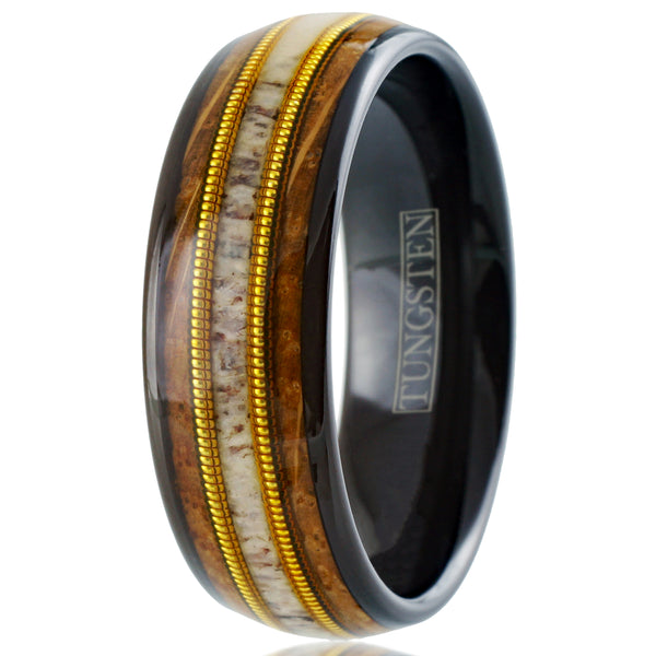 Beautiful Polished Black Tungsten Low Dome Ring with Deer Antler Inlay Between Two Cool Genuine Guitar Strings Surrounded By Whiskey Barrel Oak Wood Inlays.