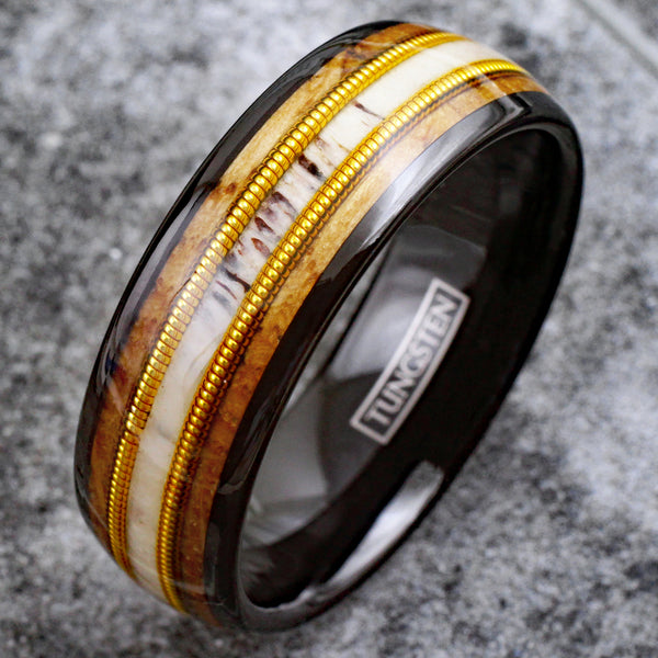 Beautiful Polished Black Tungsten Low Dome Ring with Deer Antler Inlay Between Two Cool Genuine Guitar Strings Surrounded By Whiskey Barrel Oak Wood Inlays.