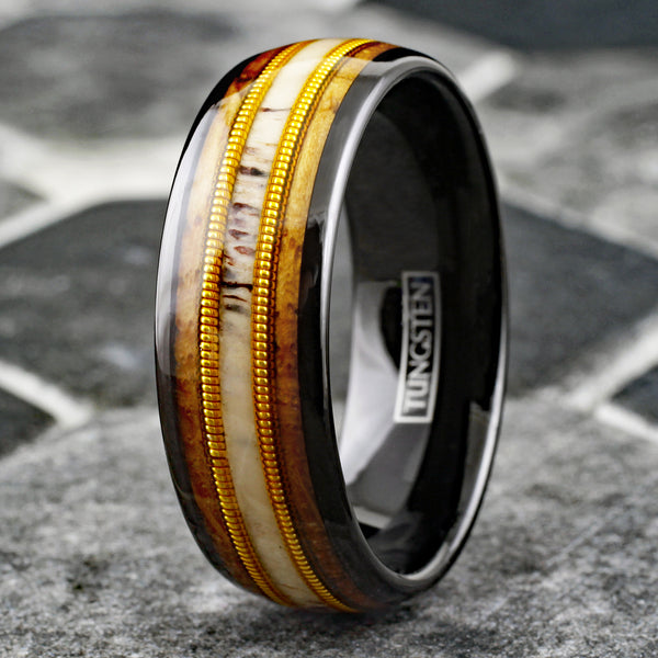 Beautiful Polished Black Tungsten Low Dome Ring with Deer Antler Inlay Between Two Cool Genuine Guitar Strings Surrounded By Whiskey Barrel Oak Wood Inlays.