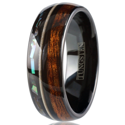 Cool Polished Black Tungsten Low Dome Ring with Silver Guitar String Between Iridescent Abalone And Whiskey Barrel Oak Wood Inlays.