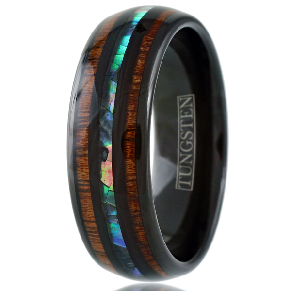 Brilliant Polished Black Tungsten Low Dome Ring with Iridescent Abalone Inlay Between Two Black Bands And Koa Wood Inlays.