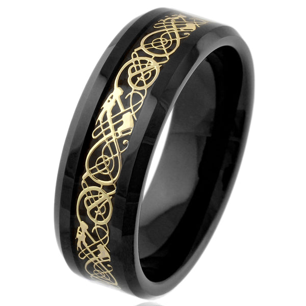 Beautiful Polished Black Tungsten Ring with Gold Celtic Dragon on Black Faux Carbon Fiber Inlay.