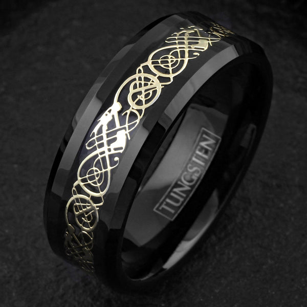 Beautiful Polished Black Tungsten Ring with Gold Celtic Dragon on Black Faux Carbon Fiber Inlay.
