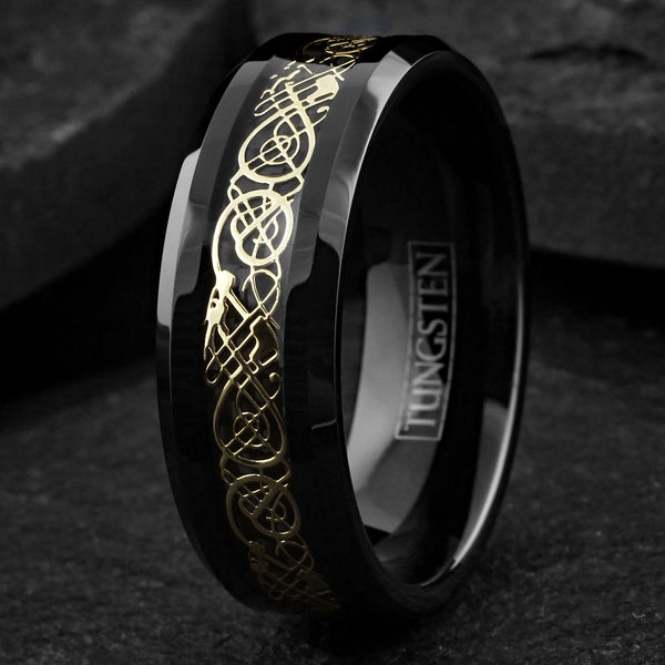 Beautiful Polished Black Tungsten Ring with Gold Celtic Dragon on Black Faux Carbon Fiber Inlay.