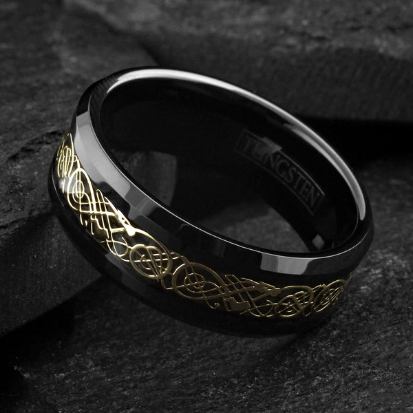 Beautiful Polished Black Tungsten Ring with Gold Celtic Dragon on Black Faux Carbon Fiber Inlay.
