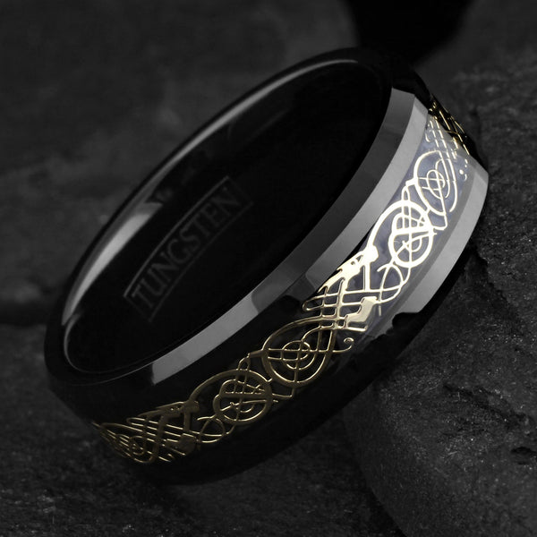Beautiful Polished Black Tungsten Ring with Gold Celtic Dragon on Black Faux Carbon Fiber Inlay.