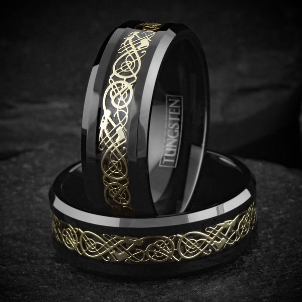 Beautiful Polished Black Tungsten Ring with Gold Celtic Dragon on Black Faux Carbon Fiber Inlay.