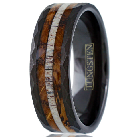 Sublime Faceted Brushed Finish Black Tungsten Flat Band Ring with Deer Antler Inlay Between Whiskey Barrel Oak Wood Inlays.