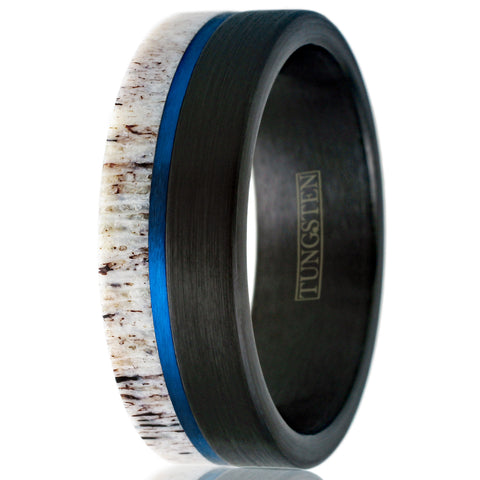 Awesome Brushed Finish Black Tungsten Flat Band Ring w/ Beautiful Raw Edge White Deer Antler Inlay and Cool Off-Center Royal Blue Stripe.