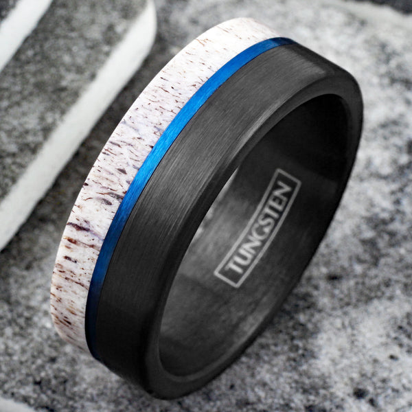 Awesome Brushed Finish Black Tungsten Flat Band Ring w/ Beautiful Raw Edge White Deer Antler Inlay and Cool Off-Center Royal Blue Stripe.