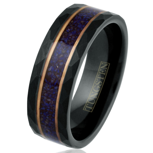 Awesome Brushed Finish Faceted Black Tungsten Flat Band Ring with Dark Blue Crushed Lapis Lazuli Inlay Between Two Rose Gold Stripes.
