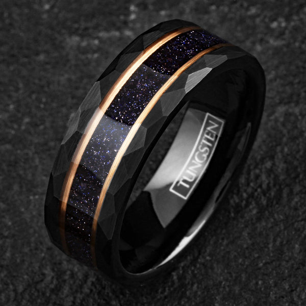 Awesome Brushed Finish Faceted Black Tungsten Flat Band Ring with Dark Blue Crushed Lapis Lazuli Inlay Between Two Rose Gold Stripes.
