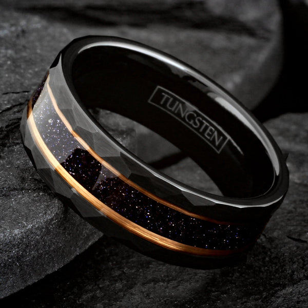 Awesome Brushed Finish Faceted Black Tungsten Flat Band Ring with Dark Blue Crushed Lapis Lazuli Inlay Between Two Rose Gold Stripes.