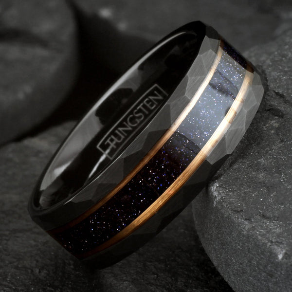 Awesome Brushed Finish Faceted Black Tungsten Flat Band Ring with Dark Blue Crushed Lapis Lazuli Inlay Between Two Rose Gold Stripes.