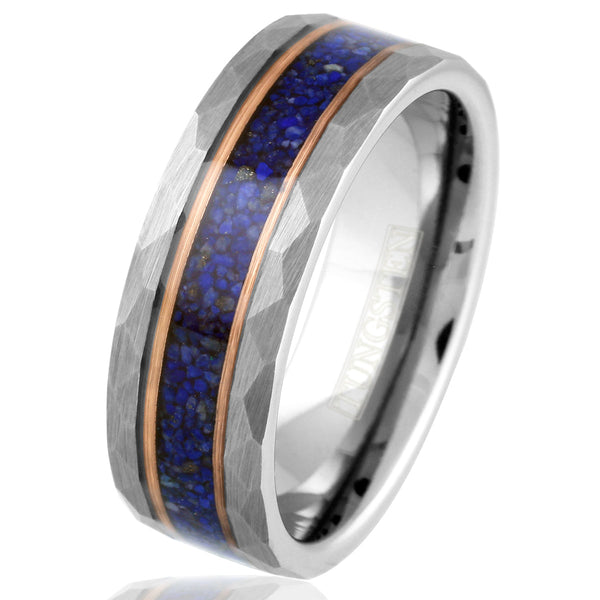 Brilliant Brushed Finish Faceted Silver Tungsten Flat Band Ring with Dark Blue Crushed Lapis Lazuli Inlay Between Two Rose Gold Stripes.