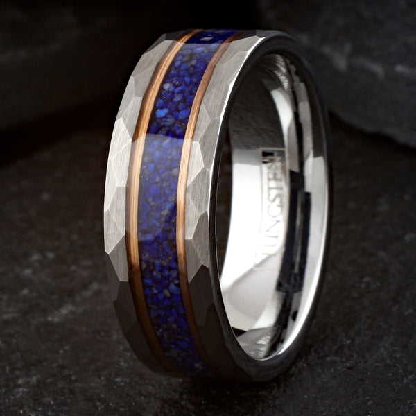Brilliant Brushed Finish Faceted Silver Tungsten Flat Band Ring with Dark Blue Crushed Lapis Lazuli Inlay Between Two Rose Gold Stripes.