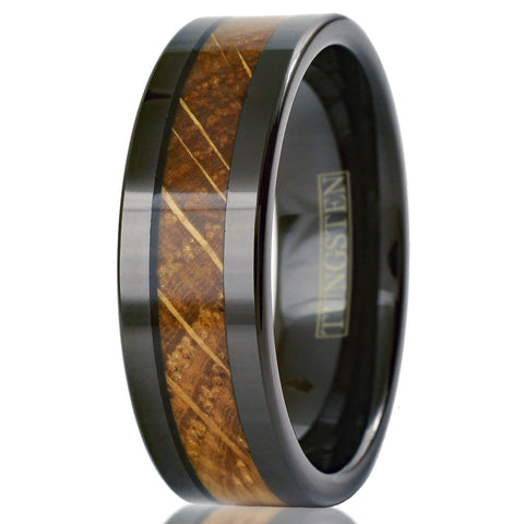 Elegant Polished Black Tungsten Flat Band Ring with Cool Whiskey Barrel Oak Wood Inlay.
