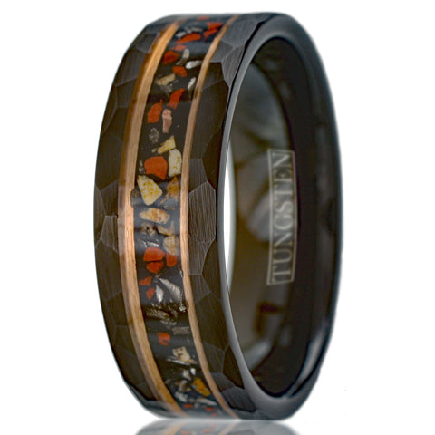 Spectacular Faceted Brushed Finish Black Tungsten Flat Band Ring with Crushed Faux Dinosaur Bone and Black Faux Meteorite Inlay between Rose Gold Stripes.