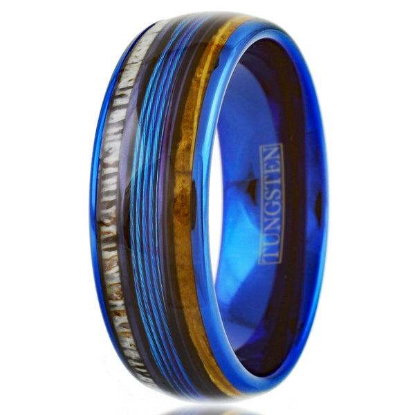Gorgeous Polished Royal Blue Tungsten Low Dome Ring with Brilliant Blue Real Fishing Line Between Whiskey Barrel Oak Wood and Deer Antler Inlays.