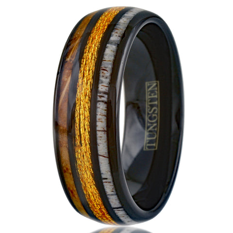 Cool Polished Black Tungsten Low Dome Ring with Gorgeous GOLD Real Fishing Line Between Whiskey Barrel Oak Wood and Deer Antler Inlays.