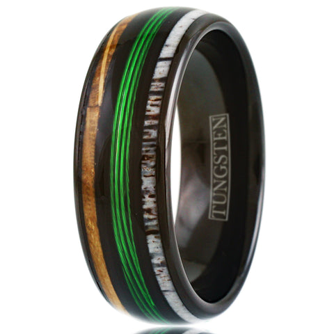 Stunning Polished Black Tungsten Low Dome Ring with Glorious GREEN Real Fishing Line Between Whiskey Barrel Oak Wood and Deer Antler Inlays.