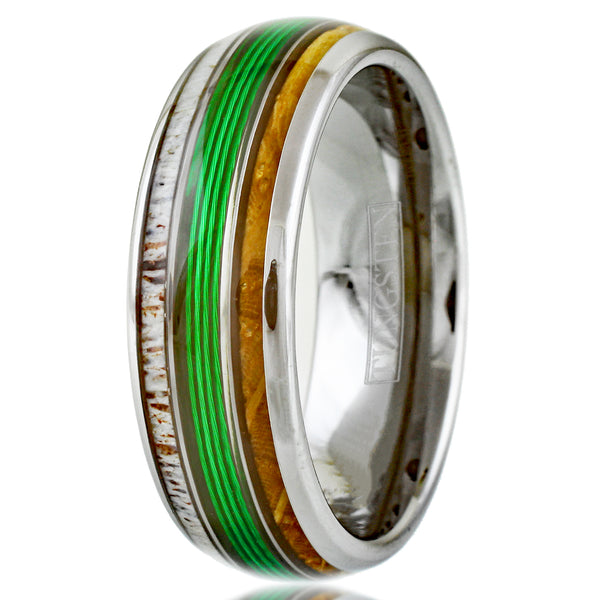 Beautiful Magnificent Polished Silver Tungsten Low Dome Ring with GREEN Real Fishing Line Between Whiskey Barrel Oak Wood and Deer Antler Inlays.